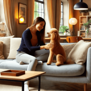 Woman sitting on sofa petting poodle