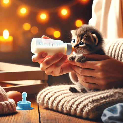 a person feeding a kitten